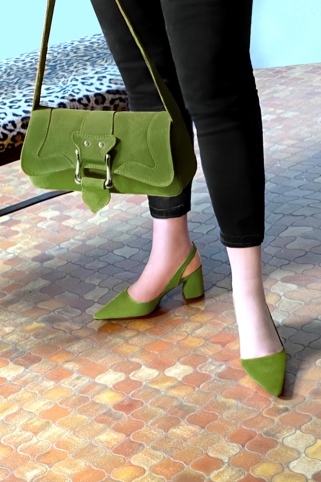 Grass green women's slingback shoes. Pointed toe. Medium flare heels. Top view - Florence KOOIJMAN